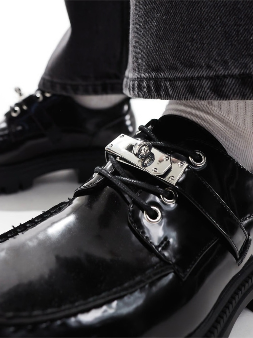 ASOS Black Patent Leather Lug Sole Slip-On Loafers Size 12 - Picture 5 of 16